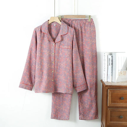 Jacquard Pysjamasett i Bomull (Garnfarget) – 2-delt Langermet Sett med Etnisk Mønster | Høst Loungewear