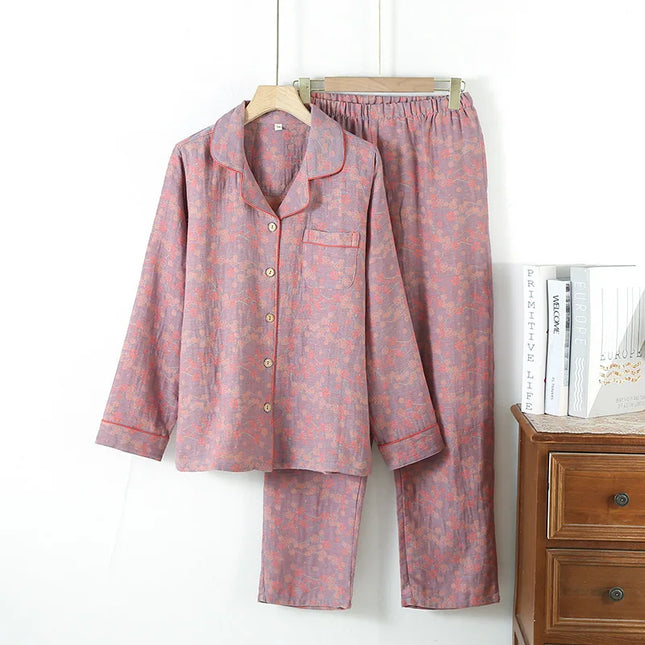 Jacquard Pysjamasett i Bomull (Garnfarget) – 2-delt Langermet Sett med Etnisk Mønster | Høst Loungewear