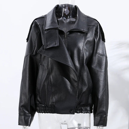 Stilren Skinnjakke for Dame – Løs Passform med Ståkrage og Glidelås | Trendy Høst/Vinter 2025