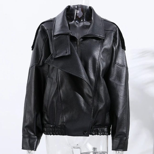 Stilren Skinnjakke for Dame – Løs Passform med Ståkrage og Glidelås | Trendy Høst/Vinter 2025