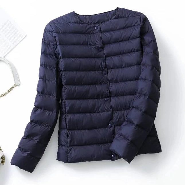 Dame Dunjakke – Ultralett & Slim Fit uten Krage | Varm, Vindavvisende & Lett Jakke