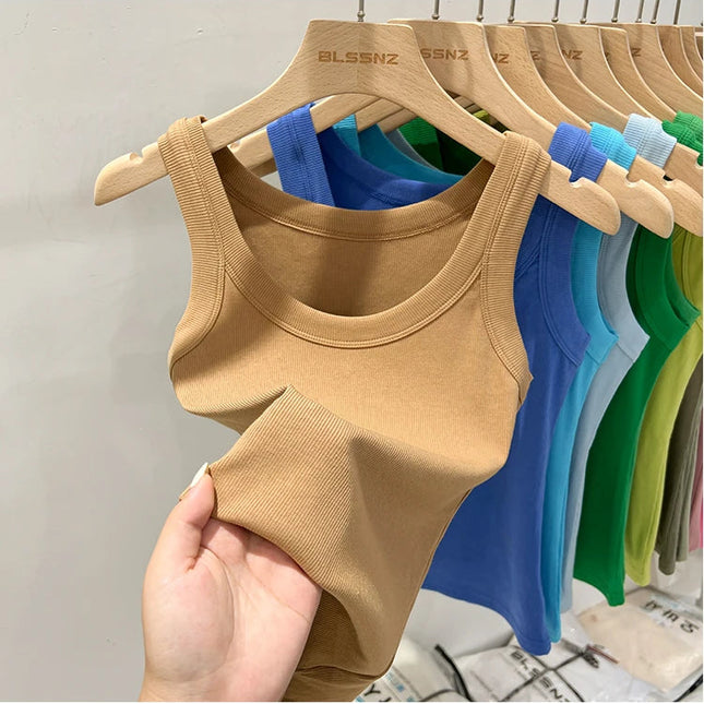 Ribbestrikket Rundhalset Topp – Basic Sommer Singlet for Dame