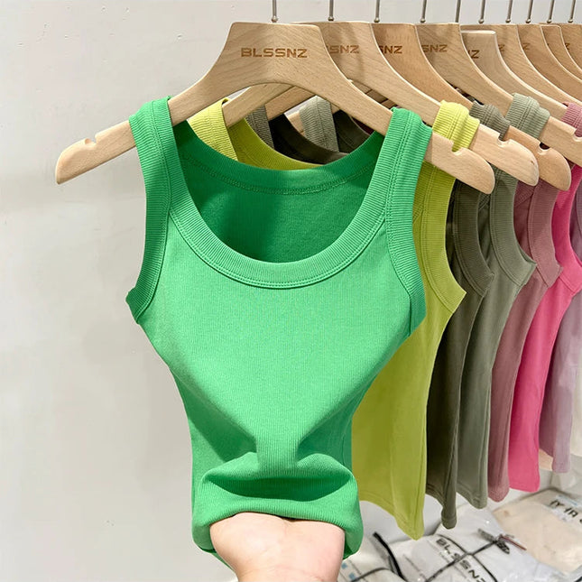 Ribbestrikket Rundhalset Topp – Basic Sommer Singlet for Dame