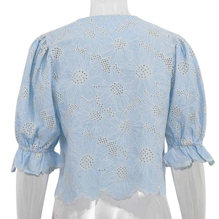 Elegant Blåmønstret Skjorte til Dame – Rund Hals & Halvlange Ermer i Bomull