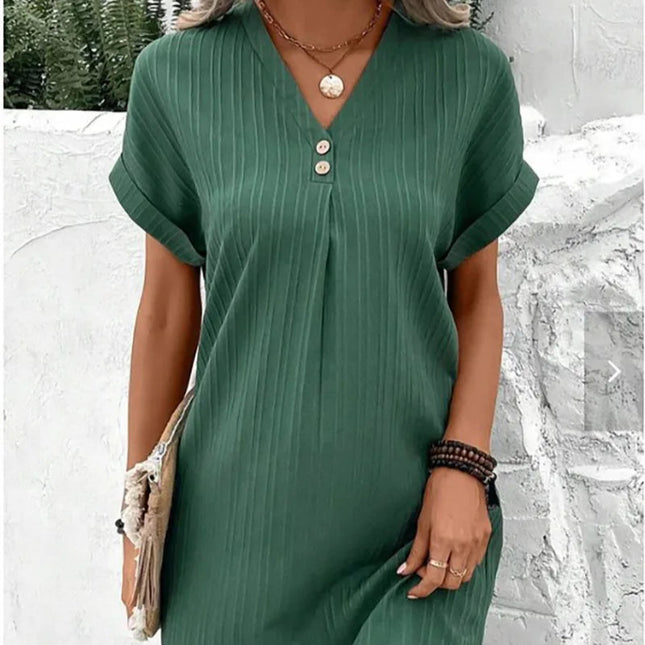 Sommerlig V-hals Kjole for Kvinner – Enkel Minikjole med Knapper til Hverdag og Kontor