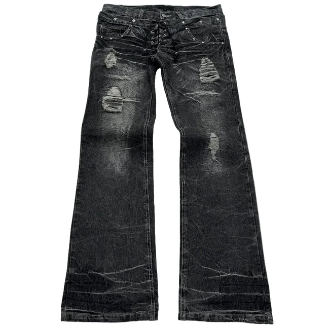 Y2K Washed Jeans – Unisex Retro Flare Bukser med Snøring & Dobbeltliv | Gothic Streetwear i Premium Design