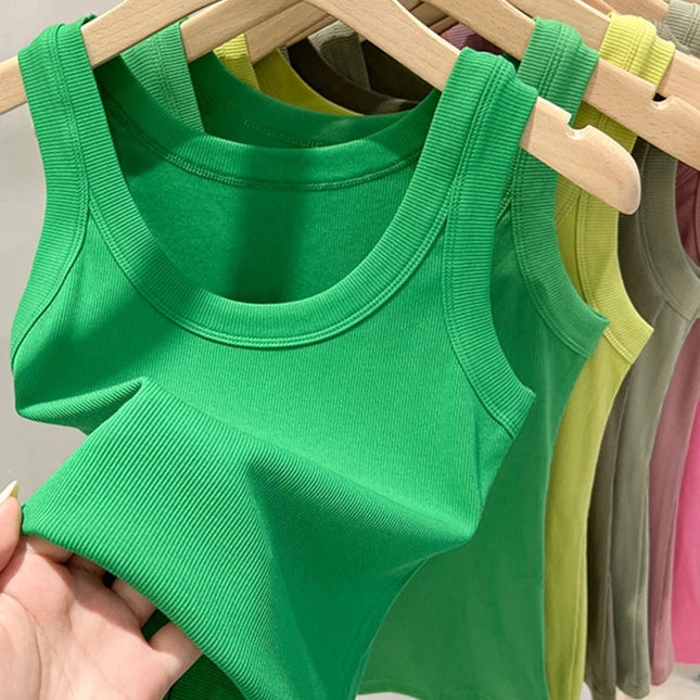 Ribbestrikket Rundhalset Topp – Basic Sommer Singlet for Dame