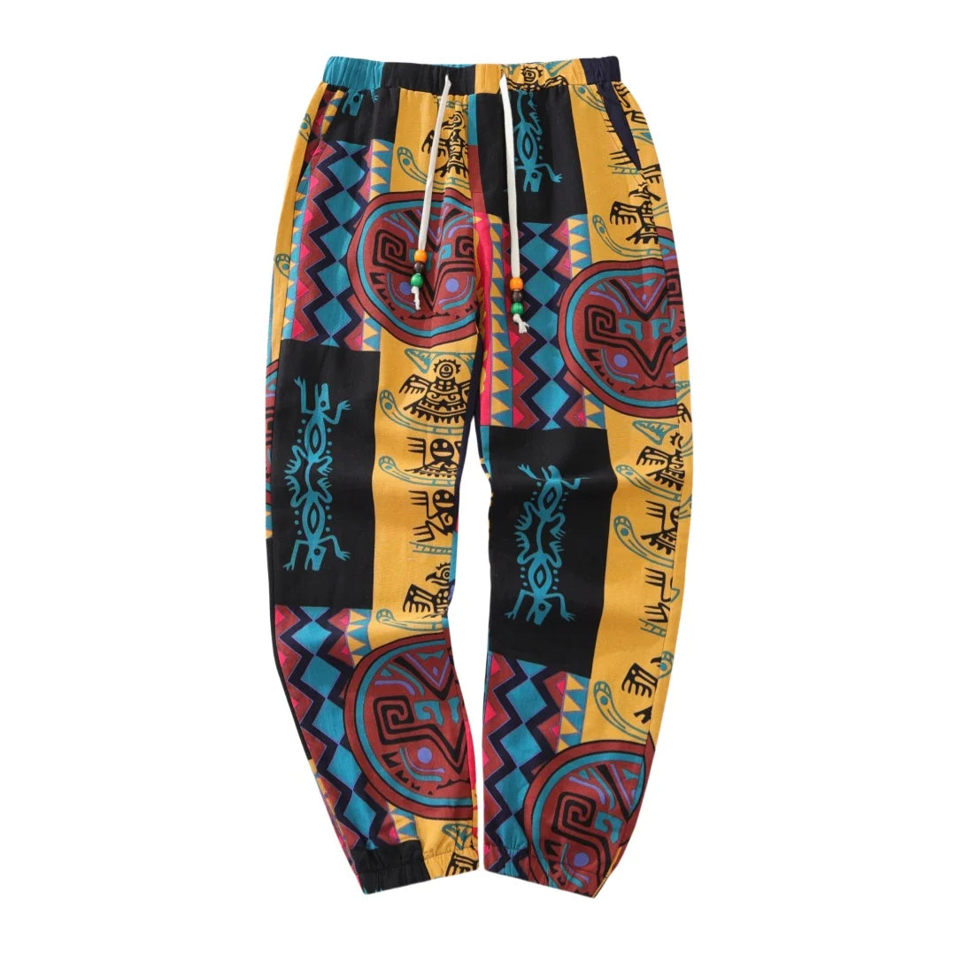 Boho Linbukser for Herre – Lettere Sommerbukser med Tribal Print & Snor i Midjen | Komfortable Joggebukser i Bomullsblanding