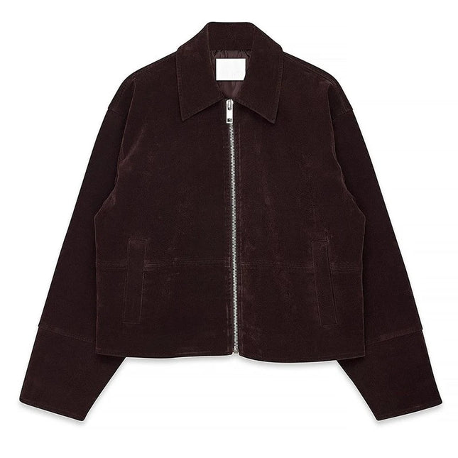 Dame Bomberjakke – Vintage Semsket Patchwork med Glidelås & Lommer