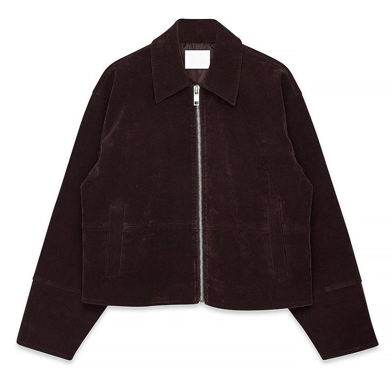 Dame Bomberjakke – Vintage Semsket Patchwork med Glidelås & Lommer