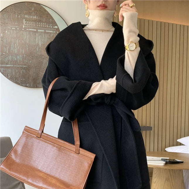 Vintage Elegant Cashmere Kåpe til Dame – Dobbelsidig Ullkåpe med Hette