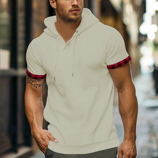 Kortermet Hoodie for Menn – Waffle-Struktur i Ensfarget Design | Sporty og Komfortabel T-skjorte til Vår og Sommer