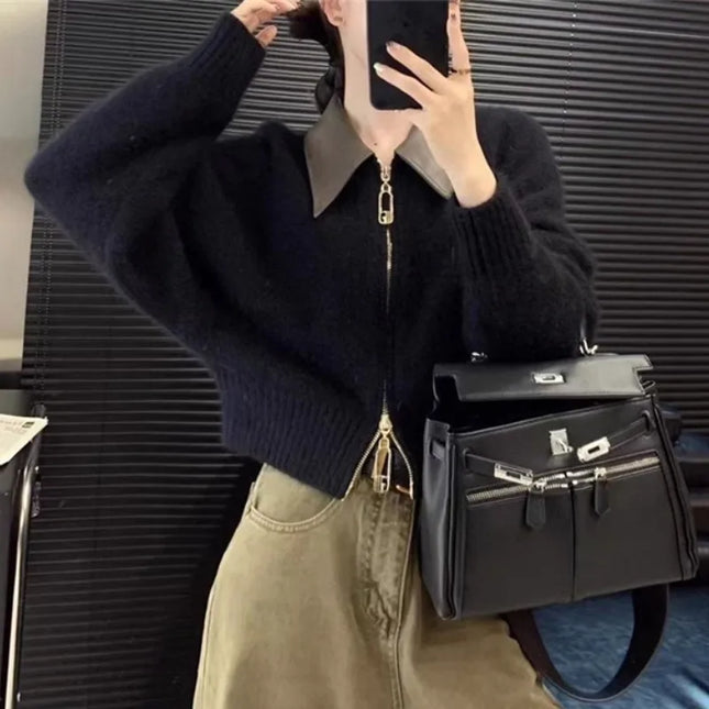 Strikket cardigan med polokrage – langermet, løs passform (dame)