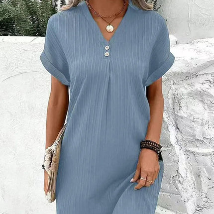 Sommerlig V-hals Kjole for Kvinner – Enkel Minikjole med Knapper til Hverdag og Kontor