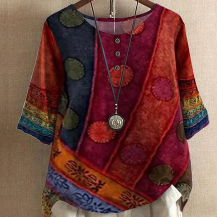 Etnisk Vintage-Print Bluse – Løs Passform, O-hals og Halvlange Ermer