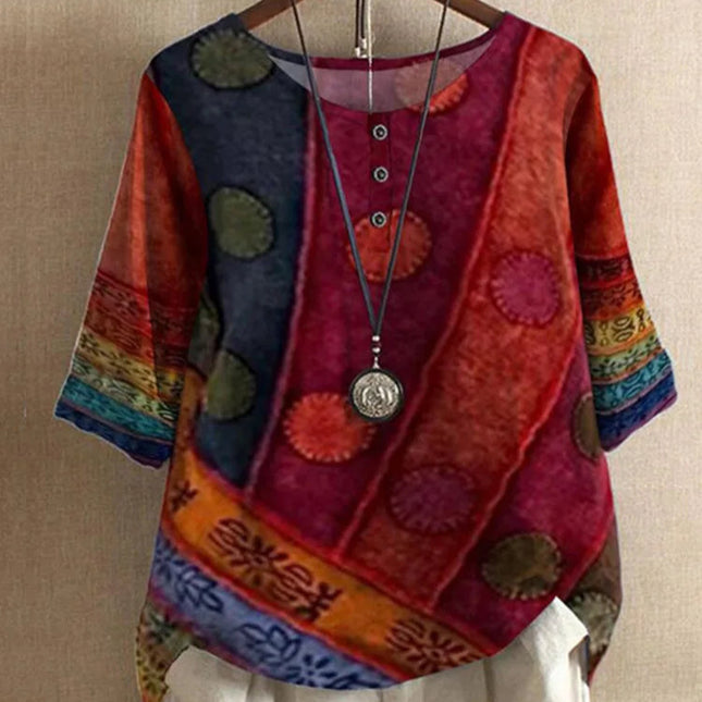 Etnisk Vintage-Print Bluse – Løs Passform, O-hals og Halvlange Ermer