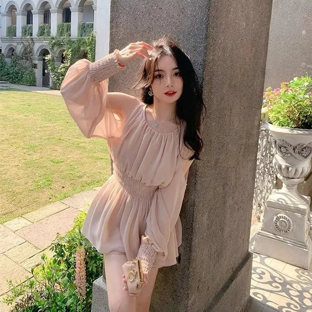 Elegant sommerkjole med puff-ermer – Off Shoulder mini-kjole i chiffon