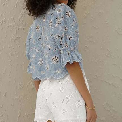 Elegant Blåmønstret Skjorte til Dame – Rund Hals & Halvlange Ermer i Bomull