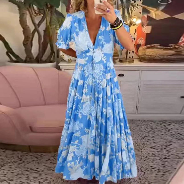 Bohemsk Sommerkjole med V-hals – Lang Kjole med Knapper, Lommer og Kort Erm