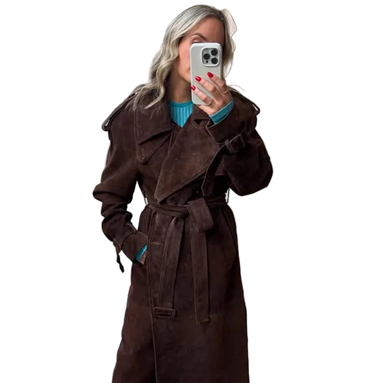 Lang Semsket Frakk for Dame – Elegant Dobbeltspent Jakke med Belte | Vintage Stil til Høst og Vinter 2025