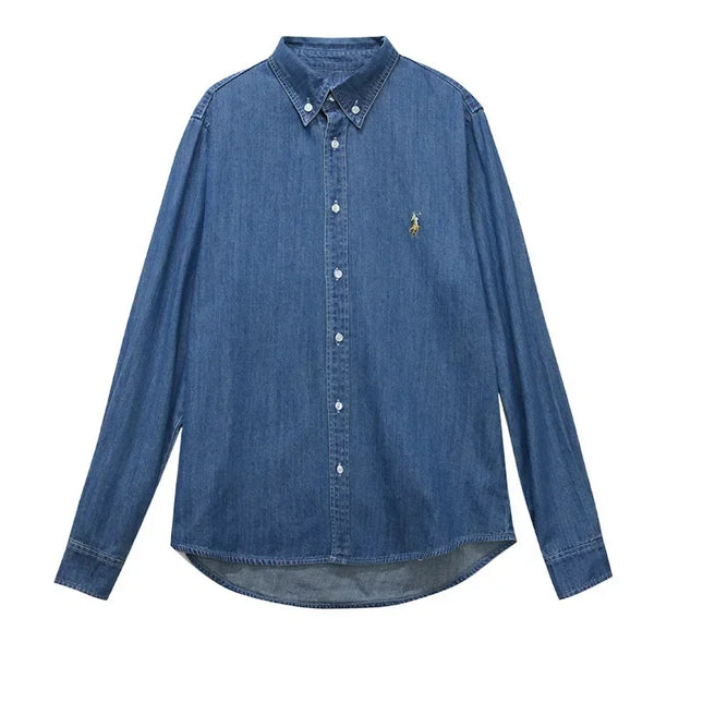 Vintage-inspirert denimskjorte med krystallbroderi – amerikansk look, avslappet passform