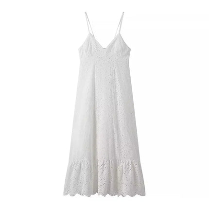 Brodert Midikjole med Åpen Rygg – A-Line Sommerkjole med Spagettistropper