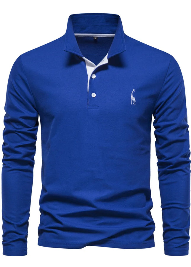 Langermet Pique Skjorte for Herre – Ensfarget med Brodert Hjort, Perfekt for Vår og Business Casual