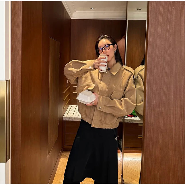 Dame Bomberjakke – Vintage Semsket Patchwork med Glidelås & Lommer