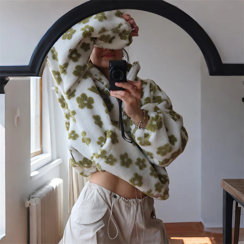 Blomstrete Fuskepels Hettejakke for Dame – Myk, Løs & Varm Teddyjakke | Perfekt til Høst og Vinter