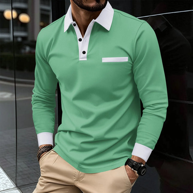 Langermet Poloskjorte for Menn – Kontrastfarget Strikket Design | Stilren Business Casual Skjorte til Vår og Høst