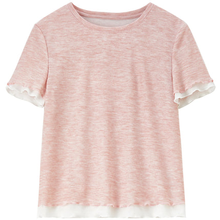 Ribbestrikket Topp med Todelt Look – Ombré T-skjorte med Bølgekant for Dame