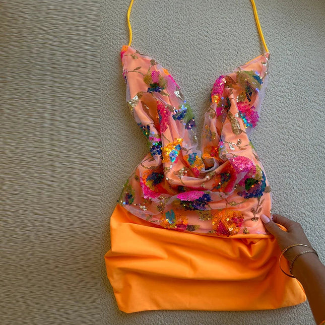 Fargerikt Paljettsett – Halterneck Toppløs Vest & Bodycon Miniskjørt