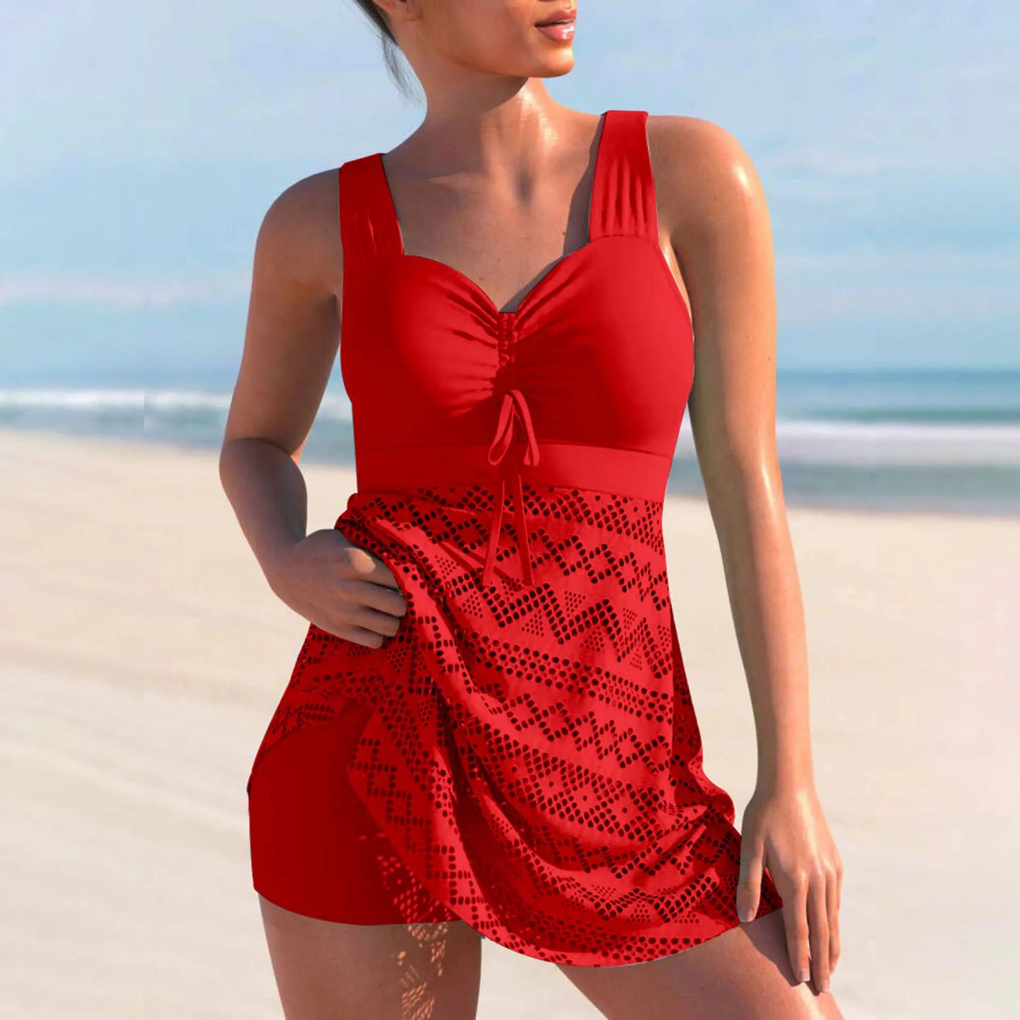 Plus Size Tankini Badedrakt for Dame – Vintage Todelt Sett med Høy Midje og Shorts