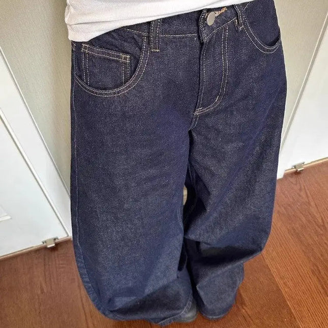 Unisex Vide Jeans i Vasket Svart Denim – High Street Stil | Løse, Rette Bukser til Høst og Vinter