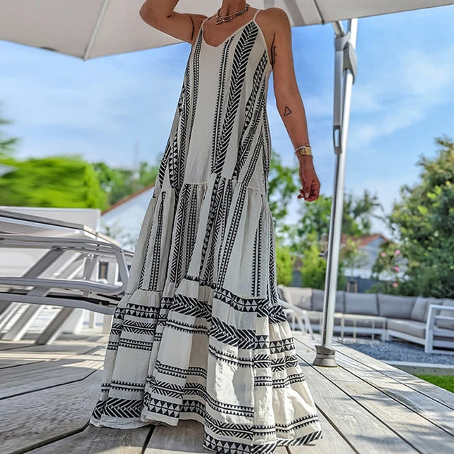 Elegant Sommerkjole med Volanger – Ermeløs Boho Maxikjole med V-hals