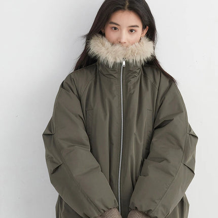 Dunjakke for Dame med Fuskepels – 90% Hvit Andedun | Løs, Varm & Elegant Jakke til Høst og Vinter 2025