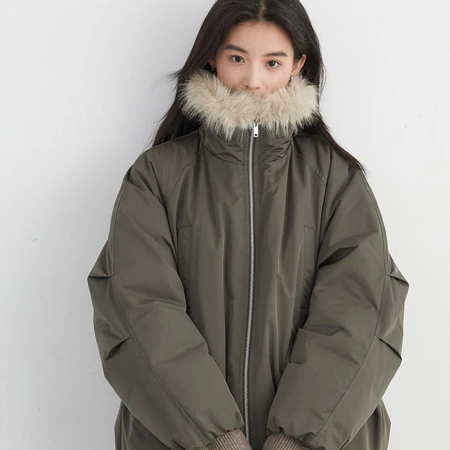 Dunjakke for Dame med Fuskepels – 90% Hvit Andedun | Løs, Varm & Elegant Jakke til Høst og Vinter 2025