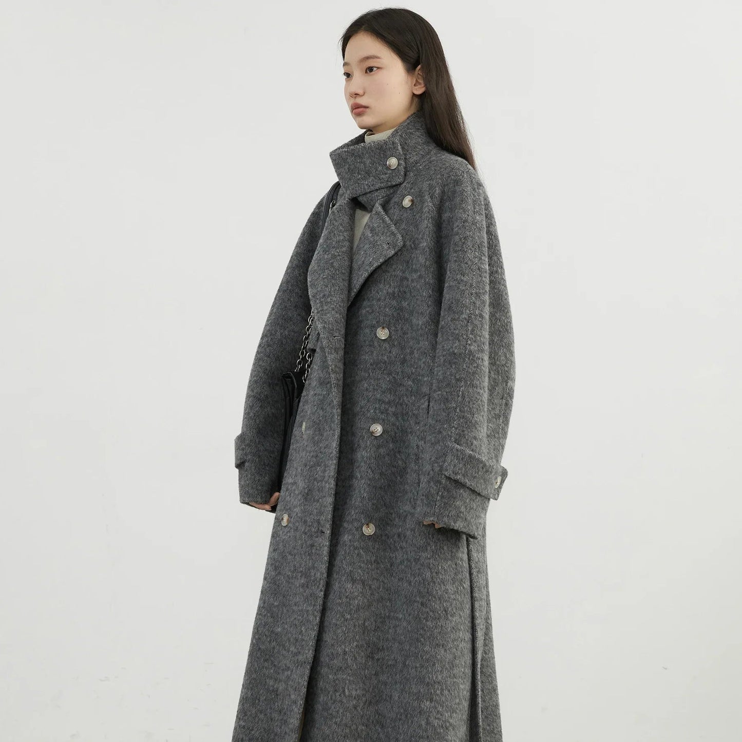 Elegant Ullkåpe for Dame – Dobbelsidig Kåpe med Ståkrage | Løs Passform til Høst og Vinter 2024