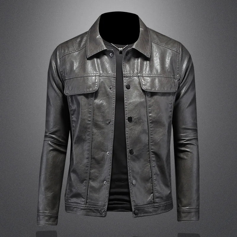 Stilren Herre Skinnjakke med Krage – Slim Fit Motorsykkeldesign i Ensfarget Look (M–5XL)