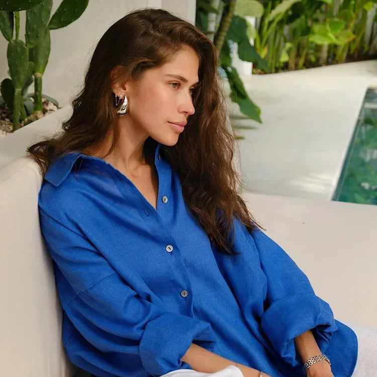 Hvit Linbluse for Dame – Elegant Oversized Skjorte i Bomull og Lin | Vårens Klassiske Basic med Krage