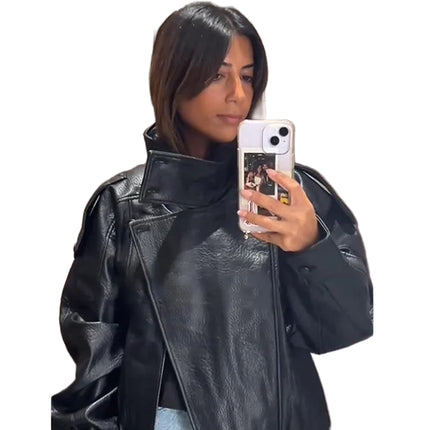 Stilren Skinnjakke for Dame – Løs Passform med Ståkrage og Glidelås | Trendy Høst/Vinter 2025