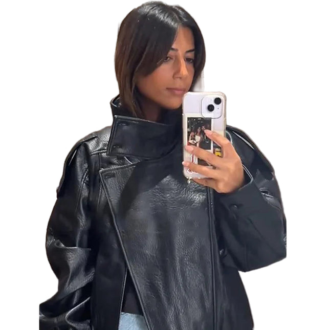 Stilren Skinnjakke for Dame – Løs Passform med Ståkrage og Glidelås | Trendy Høst/Vinter 2025