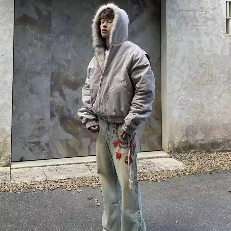 Unisex Vinterjakke med Fuskepels – Retro Hettejakke i Myk Bomull | Varm, Løs & Trendy Jakke for Par og Streetwear-entusiaster