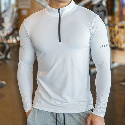 Langermet Treningsgenser for Menn – Hurtigtørkende Halv-Zip Kompresjonstopp | Vermieten und Pustende Sportsgenser to Gym og Løping