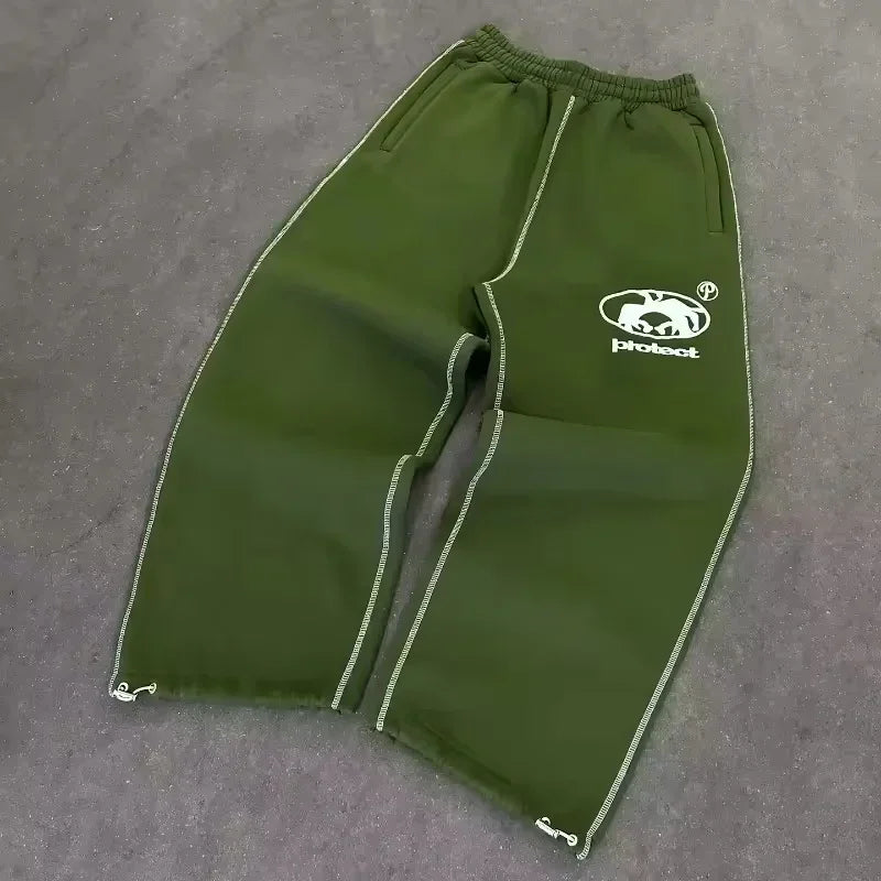 Y2K Joggebukse – Grå Brodert Streetwear | Unisex Retro Hip Hop Sweatpants