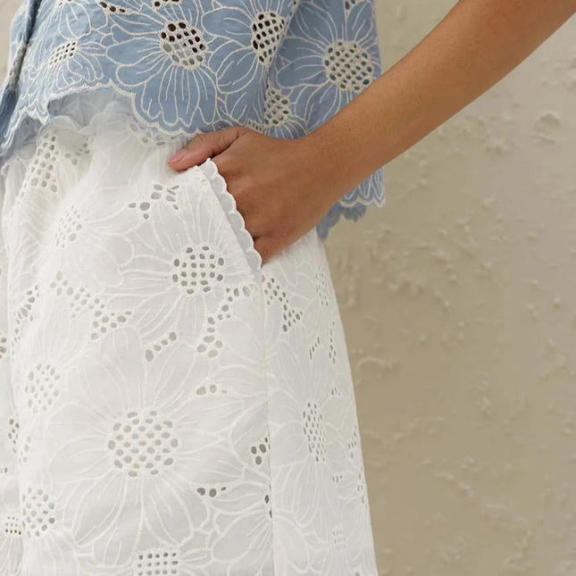 Elegant Blåmønstret Skjorte til Dame – Rund Hals & Halvlange Ermer i Bomull