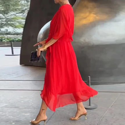 Bohemsk Maxikjole med V-hals – Løs Passform, Uregelmessig Skjørt og Knyting i Midjen