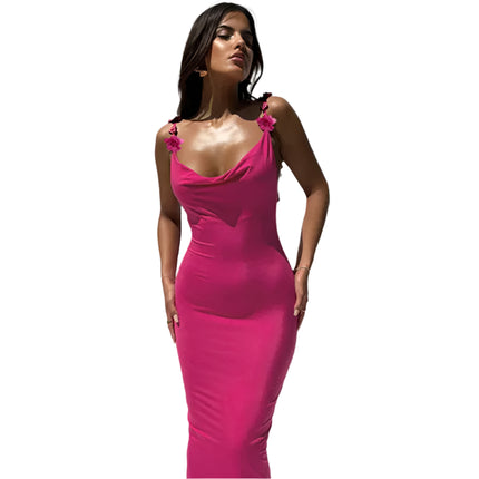 Elegant Maxikjole i Rose Rosa – Figurnær Slipdress med Spagettistropper og Åpen Rygg