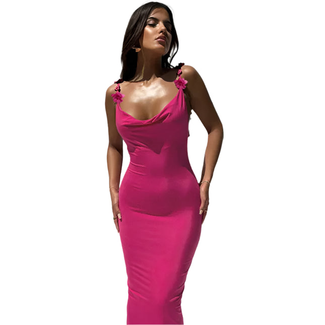 Elegant Maxikjole i Rose Rosa – Figurnær Slipdress med Spagettistropper og Åpen Rygg