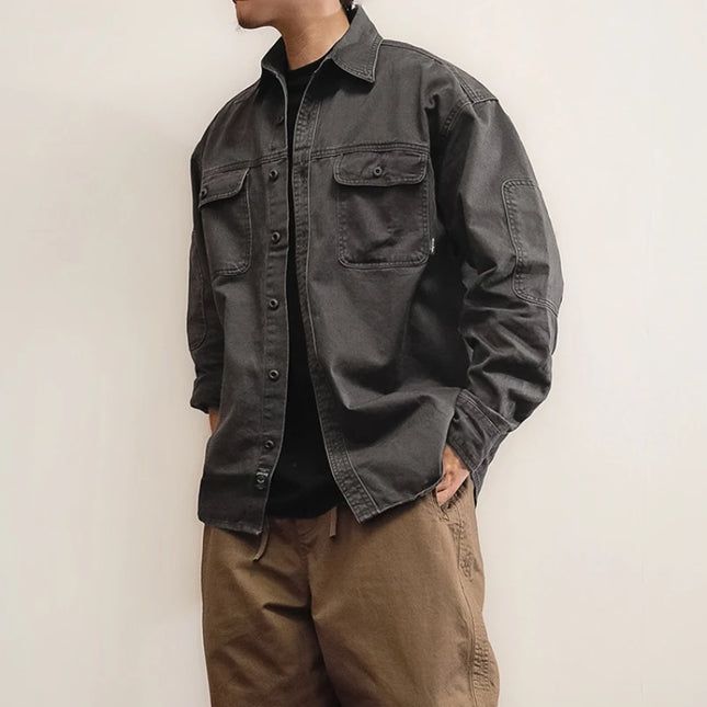Japansk Vintage Arbeidsskjorte for Menn – Tung Bomull i Vasket Twill | Oversized Skjorte i Høy Kvalitet med Slitt Look